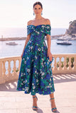 Marinegroene midi-jurk met een off-shoulder A-lijn a-lijn jurk en kant op de rug