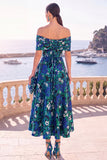 Marinegroene midi-jurk met een off-shoulder A-lijn a-lijn jurk en kant op de rug