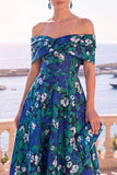 Marinegroene midi-jurk met een off-shoulder A-lijn a-lijn jurk en kant op de rug