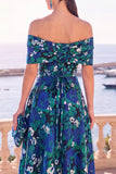 Marinegroene midi-jurk met een off-shoulder A-lijn a-lijn jurk en kant op de rug