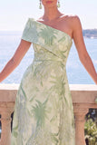 Groene A-lijn Jacquard Asymmetrische Midi Bloemenjurk