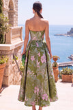 Olive Sweetheart A-lijn Jacquard gerimpelde bloemenjurk midi jurk