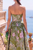 Olive Sweetheart A-lijn Jacquard gerimpelde bloemenjurk midi jurk