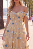 Off-the-shoulder rode bloem A-lijn tule midijurk met applicaties