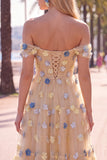 Off-the-shoulder rode bloem A-lijn tule midijurk met applicaties
