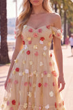 Off-the-shoulder rode bloem A-lijn tule midijurk met applicaties