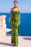 Zeemeermin groene fluwelen halter hals met gerimpelde maxi bloemenjurk