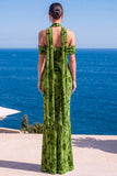 Zeemeermin groene fluwelen halter hals met gerimpelde maxi bloemenjurk