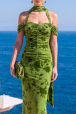 Zeemeermin groene fluwelen halter hals met gerimpelde maxi bloemenjurk