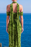 Zeemeermin groene fluwelen halter hals met gerimpelde maxi bloemenjurk