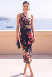 Blauwe bloem Eenschouder Bodycon Midi jurk