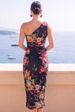 Blauwe bloem Eenschouder Bodycon Midi jurk