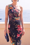 Blauwe bloem Eenschouder Bodycon Midi jurk