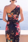 Blauwe bloem Eenschouder Bodycon Midi jurk