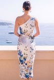 Blauwe bloem Eenschouder Bodycon Midi jurk