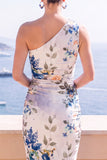 Blauwe bloem Eenschouder Bodycon Midi jurk