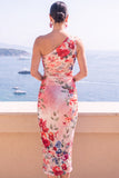 Blauwe bloem Eenschouder Bodycon Midi jurk