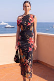 Koffie Bodycon met gerimpelde midi bloemenjurk met split
