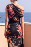 Koffie Bodycon met gerimpelde midi bloemenjurk met split