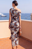 Koffie Bodycon met gerimpelde midi bloemenjurk met split