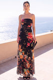 Strapless koffie A-lijn gerimpelde chiffon maxi bloemenjurk