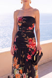 Strapless koffie A-lijn gerimpelde chiffon maxi bloemenjurk