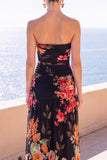 Strapless koffie A-lijn gerimpelde chiffon maxi bloemenjurk