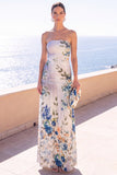 Strapless koffie A-lijn gerimpelde chiffon maxi bloemenjurk