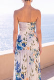 Strapless koffie A-lijn gerimpelde chiffon maxi bloemenjurk