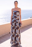 Strapless koffie A-lijn gerimpelde chiffon maxi bloemenjurk