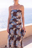 Strapless koffie A-lijn gerimpelde chiffon maxi bloemenjurk