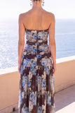 Strapless koffie A-lijn gerimpelde chiffon maxi bloemenjurk