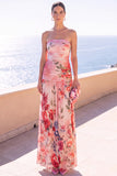 Strapless koffie A-lijn gerimpelde chiffon maxi bloemenjurk