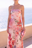 Strapless koffie A-lijn gerimpelde chiffon maxi bloemenjurk