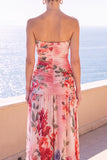 Strapless koffie A-lijn gerimpelde chiffon maxi bloemenjurk