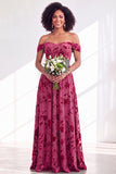 Off-the-shoulder fuchsia bloemenfluweel A-lijn lange bruidsmeisjesjurk