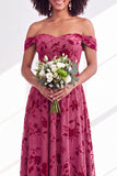 Off-the-shoulder fuchsia bloemenfluweel A-lijn lange bruidsmeisjesjurk