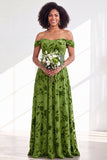 Off-the-shoulder fuchsia bloemenfluweel A-lijn lange bruidsmeisjesjurk