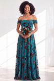 Off-the-shoulder fuchsia bloemenfluweel A-lijn lange bruidsmeisjesjurk