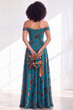 Off-the-shoulder fuchsia bloemenfluweel A-lijn lange bruidsmeisjesjurk