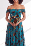 Off-the-shoulder fuchsia bloemenfluweel A-lijn lange bruidsmeisjesjurk