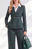 Vintage Green Grid bedrukte broekpakken met inkepingen en revers lange damespakken