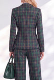 Vintage Green Grid bedrukte broekpakken met inkepingen en revers lange damespakken