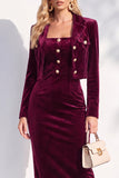 Bordeauxrode fluwelen bodycon met inkepingen met revers en midi damespakken