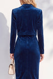 Bordeauxrode fluwelen bodycon met inkepingen met revers en midi damespakken