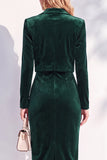 Bordeauxrode fluwelen bodycon met inkepingen met revers en midi damespakken