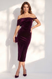 Bordeauxrode bodycon off the shoulder midi fluweel cocktailjurk