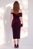 Bordeauxrode bodycon off the shoulder midi fluweel cocktailjurk