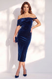 Bordeauxrode bodycon off the shoulder midi fluweel cocktailjurk
