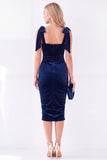 Donkerblauwe Bodycon vierkante hals strikband gerimpelde midi fluwelen jurk
